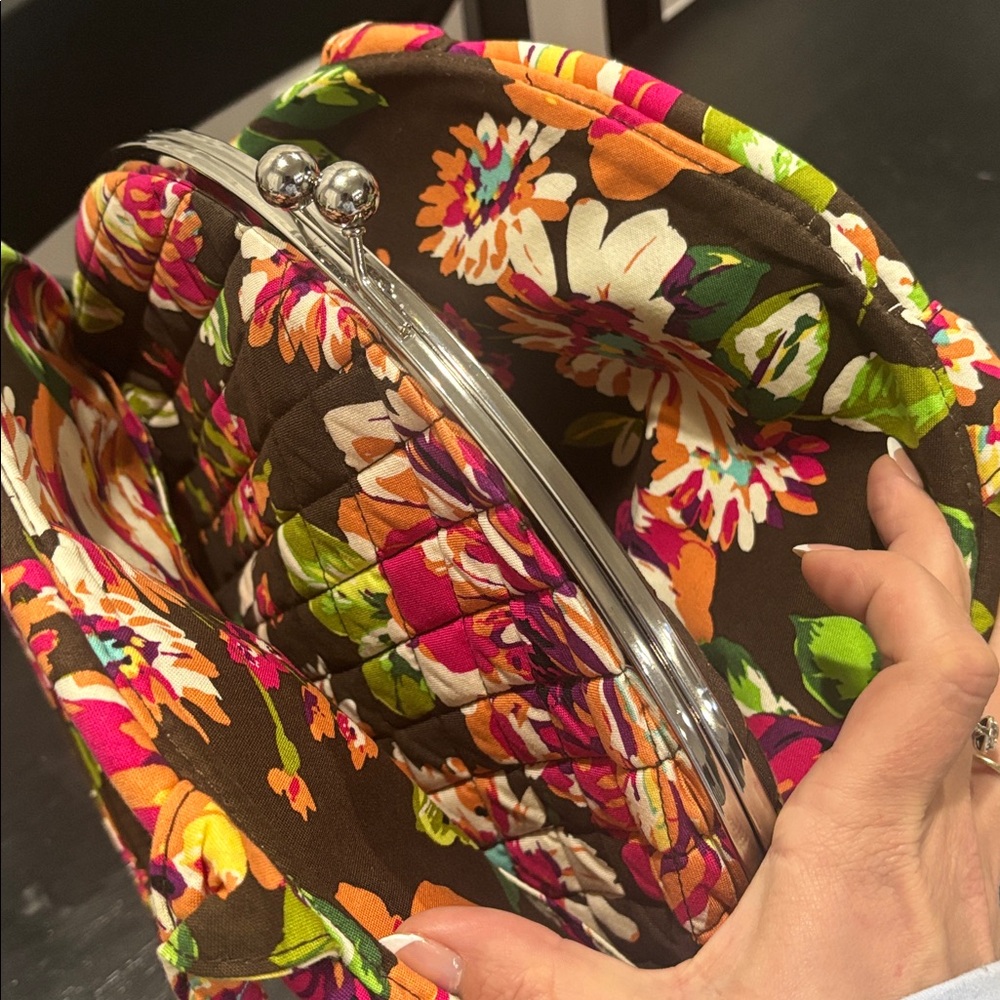 VERA BRADLEY Large Bowler Kisslock Satchel Mod Floral Pink Brown-Retired Pattern - Picture 11 of 14